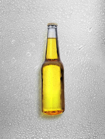 Beer bottle with water drops on water drops background. 3d renderの写真素材
