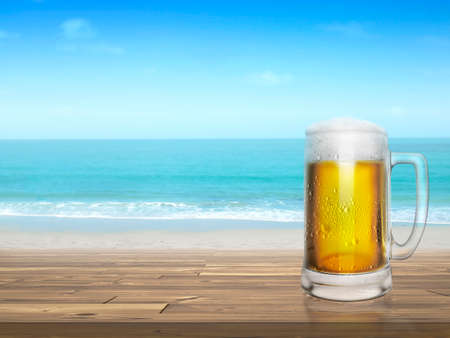 Cold beer on desk and background of summer beachの写真素材