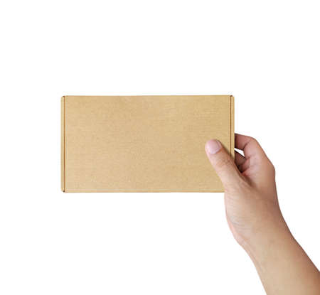 hand holding brown paper box package isolated on white background