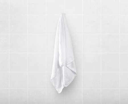 white towels on hanger in toilet bathroomの写真素材