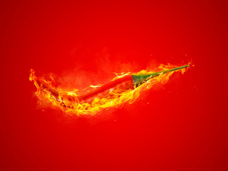 fresh red chilli, on fire on red backgroundの写真素材