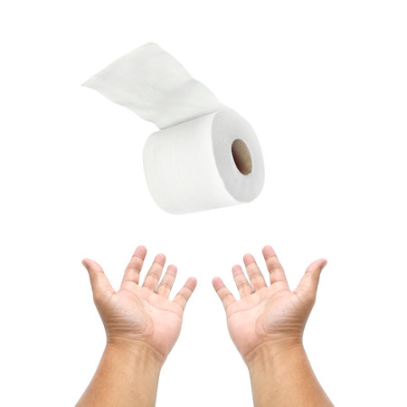 hand holding toilet paper over white backgroundの写真素材