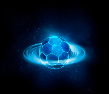 Soccer ball with futuristic blue glowing neon lights. ball game conceptの写真素材