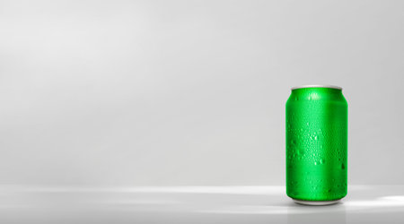 Green aluminum can with water droplets on white background