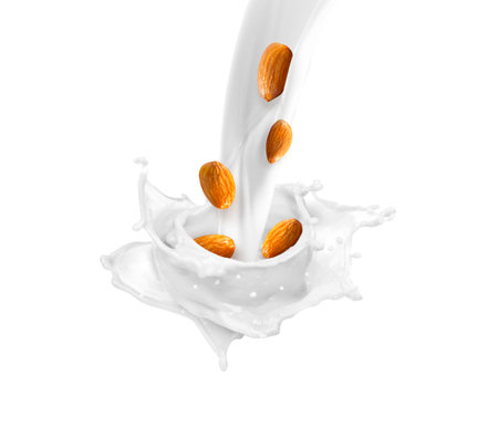 milk splash effect with almonds for design useの写真素材