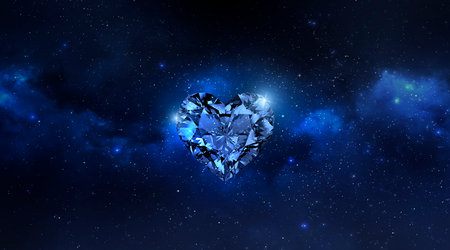 Sparkling heart diamonds floating in the Planet view from space. 3d renderの写真素材