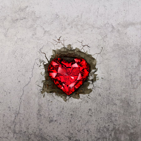 Heart shaped diamond is in the wall with cracks. concept for valentines day. 3d renderの写真素材