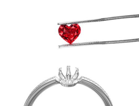 White gold or silver ring without gemstone and Excellent red heart cut diamonds held by tweezers on a white background. 3d renderの写真素材