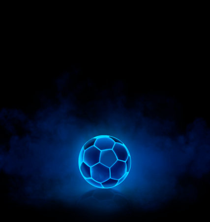 Soccer ball with bright blue glowing neon lines on dark background with smoke. 3d renderの写真素材