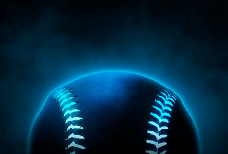 Single black baseball ball with bright blue glowing neon lines on smoke backgroundの写真素材
