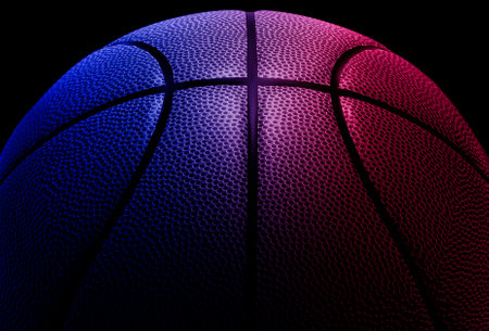 Closeup detail of basketball ball texture background. Blue neon Banner Art conceptの写真素材