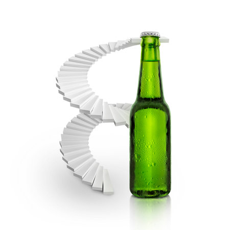 spiral staircase climb Green bottle of fresh beer with drops of condensation on white backgroundの写真素材