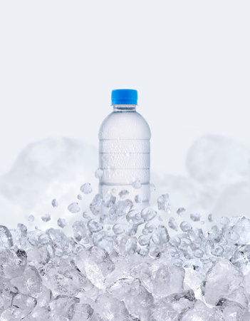 A water bottle floats up through the ice cubesの写真素材