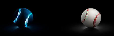 black baseball ball with blue glowing neon lines and baseball ball on dark backgroundの写真素材