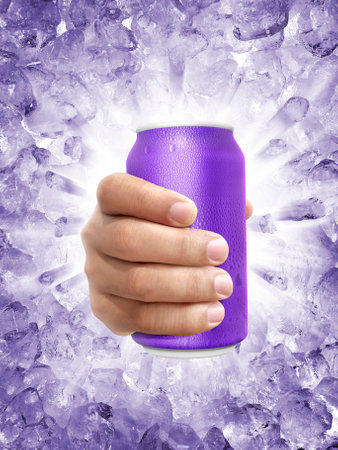 Aluminum can with water droplets in hand, on a Ice broken splash backgroundの写真素材