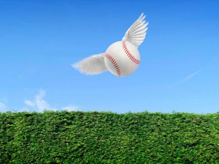 Baseball ball have wings fly in the air on blue sky and green grass wall backgroundの写真素材