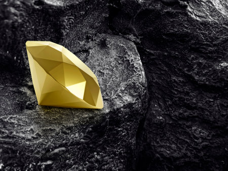 Gold dazzling diamond on black coal backgroundの写真素材