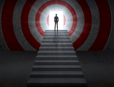 Image of empty stairs toward a red dartboard with shining target backgroundの写真素材