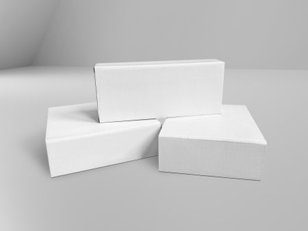 blank packaging white cardboard box in studio room background ready for packaging designの写真素材