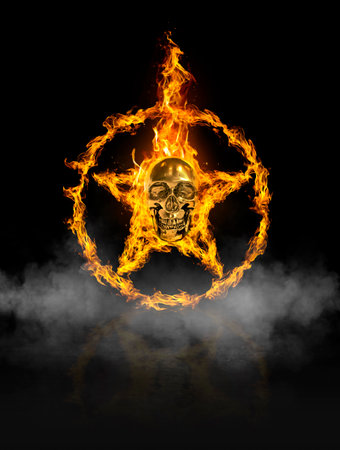 Fire skull and ring star, of fire in black smoke backgroundの写真素材