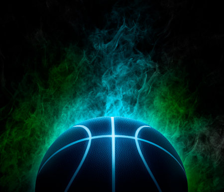 basketball with bright blue glowing neon lines on the color smoke backgroundの写真素材