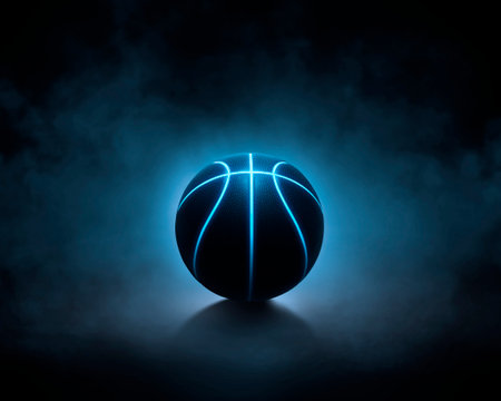 3D rendering of single black basketball with bright blue glowing neon lines sitting in completely black surroundingsの写真素材