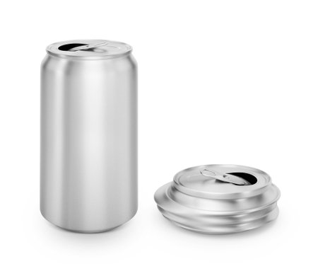 open can of beverage and Compressed cans isolated on a white backgroundの写真素材