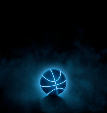 black basketball with bright blue glowing neon lines on black background with smokeの写真素材