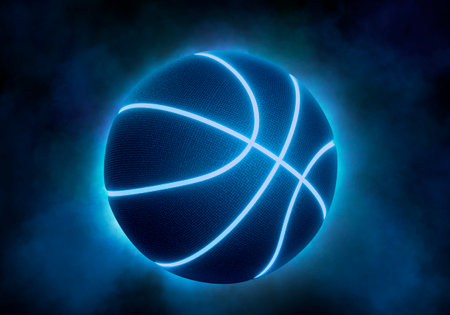 black basketball with bright blue glowing neon lines on black background with smokeの写真素材