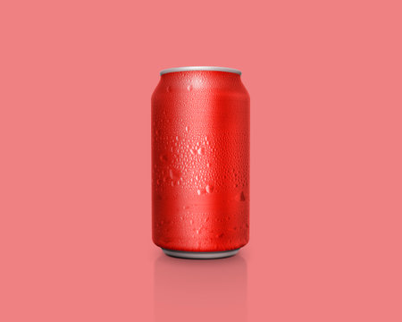 Can of fresh soda with water drops on color backgroundの写真素材