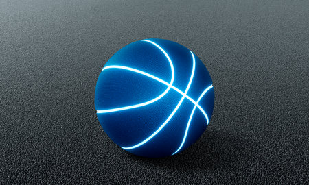 Blue basketball with bright glowing neon lines on the cement floorの写真素材