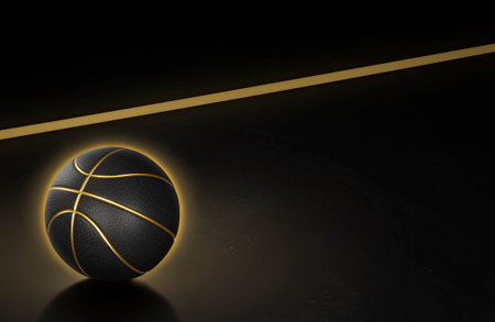 Basketball ball has a glowing golden neon line. with golden glowing neon lines in the fieldの写真素材