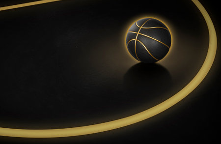 Basketball ball has a glowing golden neon line. with golden glowing neon lines in the fieldの写真素材