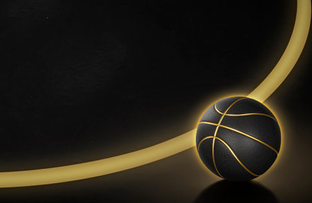Basketball ball has a glowing golden neon line. with golden glowing neon lines in the fieldの写真素材