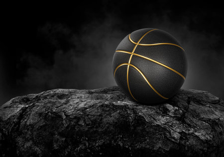 Basketball ball black on black stone, dark background with smokeの写真素材