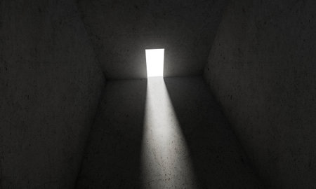 Bright white light shines from door in dark room. Dream, success, opportunity. concept business