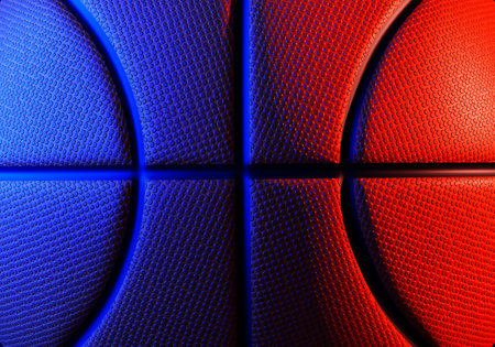 Closeup detail of basketball ball texture background. Blue neon Banner Art conceptの写真素材