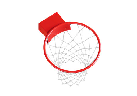 Modern red basketball hoop with net on white backgroundの写真素材