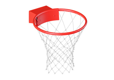 Modern red basketball hoop with net on white backgroundの写真素材