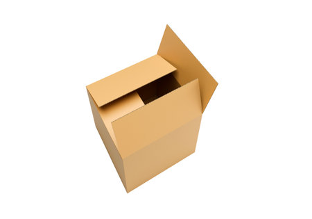 Open empty brown cardboard box on white backgroundの写真素材