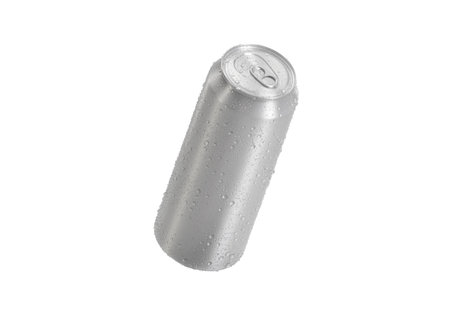 Aluminum soda can with water drops isolated on white background