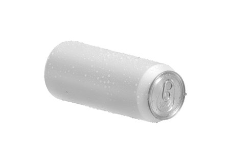 White 330ml Aluminum soda can with water drops on a white background