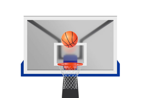Orange basketball floating above the hoop net. Concept of success. scoring points and winning
