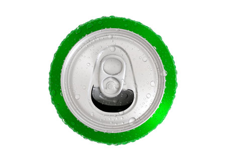 Top view. Open Aluminum green soda can with water drops