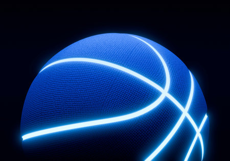 Blue basketball with bright glowing neon lines on a black backgroundの写真素材