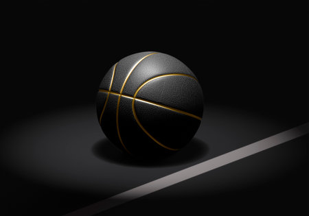 A black basketball with gold lines on a dark basketball courtの写真素材
