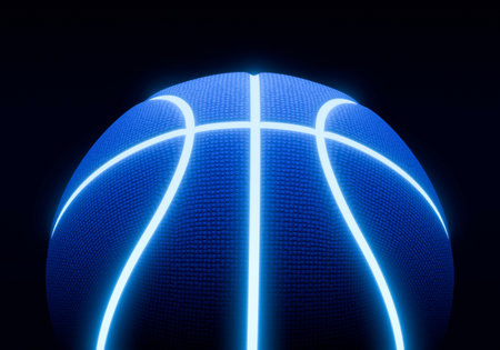 Blue basketball with bright glowing neon lines on a black backgroundの写真素材