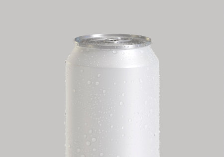 White Can of soda with water drops on color backgroundの写真素材