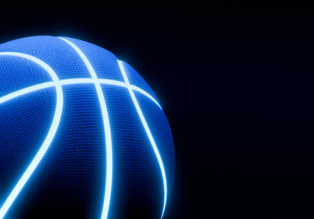 Blue basketball with bright glowing neon lines on a black backgroundの写真素材