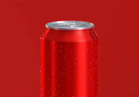 Red Can of fresh soda with water drops on color background